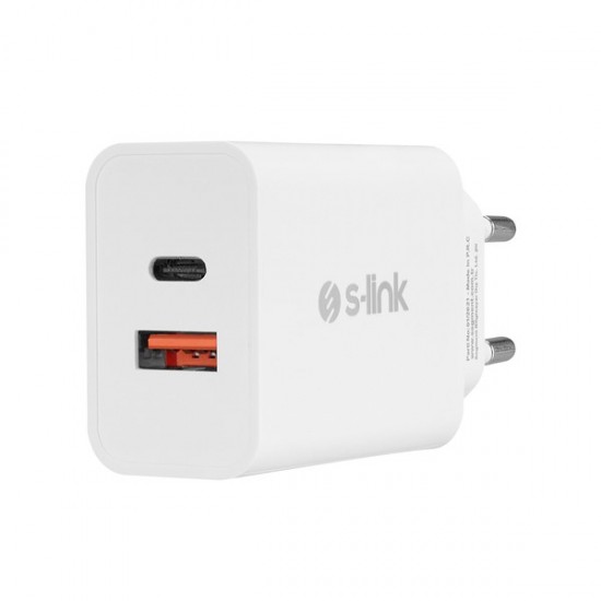 S-link Sl-ec60 20w Pd3.0/quick Charge Qc3.0 Type Usb-c +usb A Hızlı Beyaz Ev şarj Adaptör