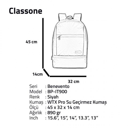 Classone Bp-It900 Benevento Serisi 15.6"Sırt Çantası