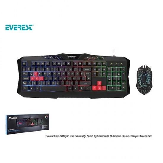 Everest Kmx-88 Siyah Usb Gökkuşağı Zemin Aydınlatmalı Q Multimedia Oyuncu Klavye + Mouse Set