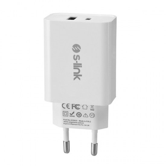 S-link Sl-ec60 20w Pd3.0/quick Charge Qc3.0 Type Usb-c +usb A Hızlı Beyaz Ev şarj Adaptör