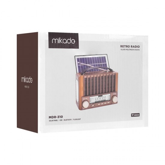 Mikado MDR-310 Ahşap USB- TF Destekli FM/AM/SW+BT+SOLAR 3 Band Klasik Radyo